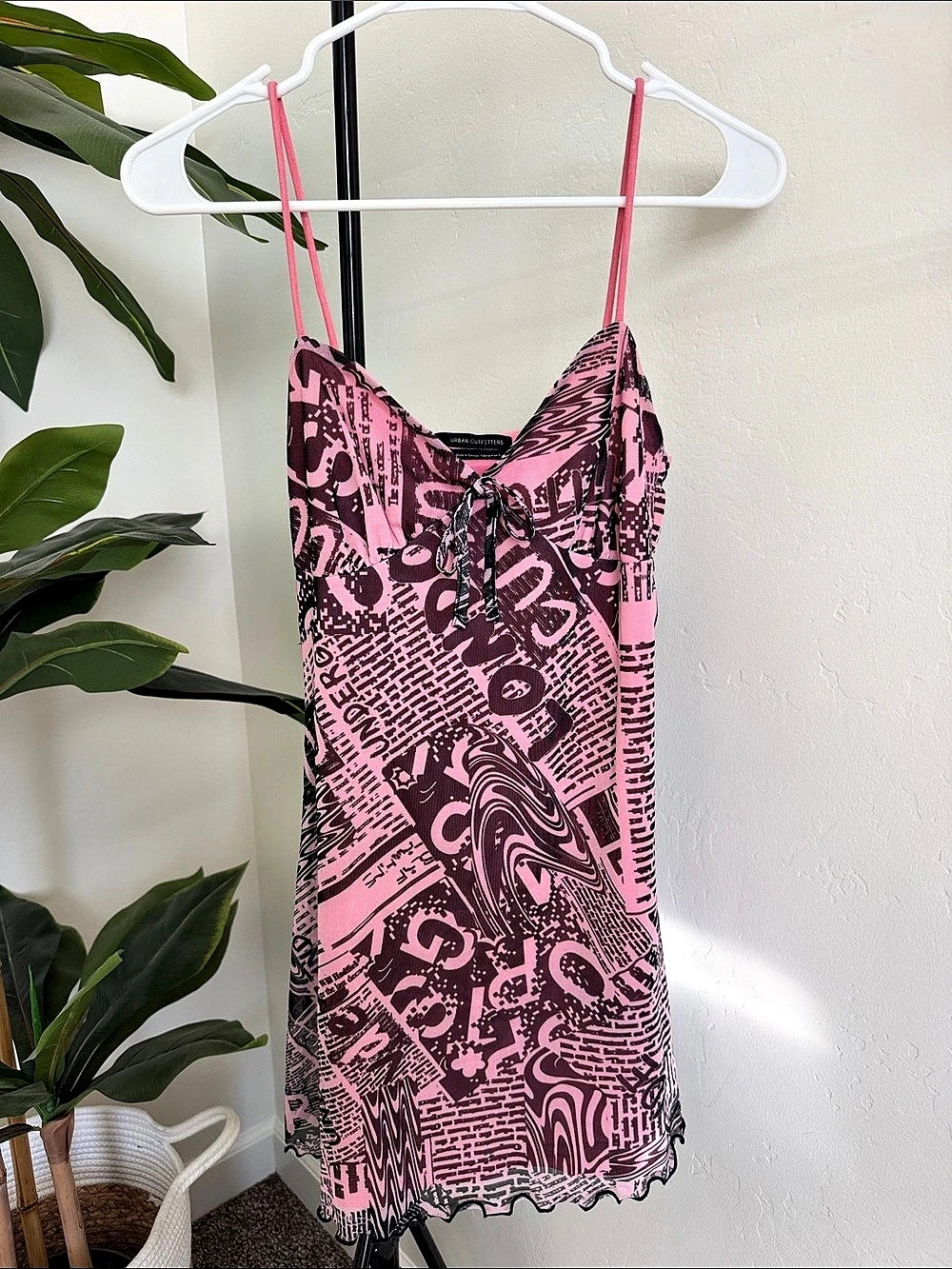 Urban Outfitters Pink Newspaper Print Mesh Slip Dress Small
